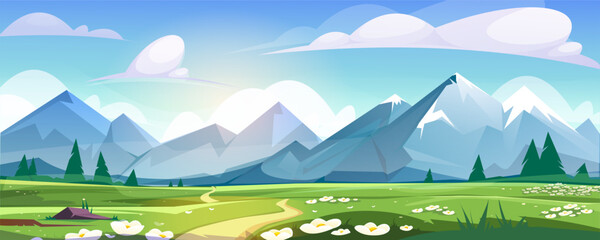 Obraz premium Alpine meadows. Beautiful spring landscape with high mountains and green fields with blooming flowers. Natural scenery on clear day with blue sky and clouds over rocks. Cartoon vector illustration