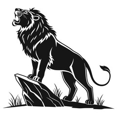 Roaring Lion Standing on Rock Formation, Silhouette, Isolated on White,