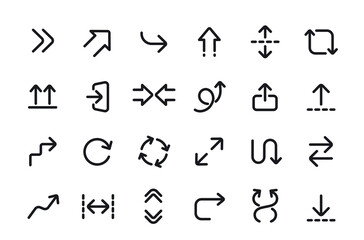 Arrow line icons set. Simple black and white symbols with direction indicators, pointers, up, down, right and left. Editable stroke. Outline vector illustration collection isolated on background
