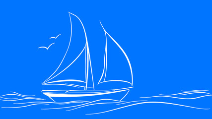 White sailboat illustration floats on water. Sails hull and gentle waves. Travel blogs maritime nautical designs. Minimalist vector art style with bright blue background