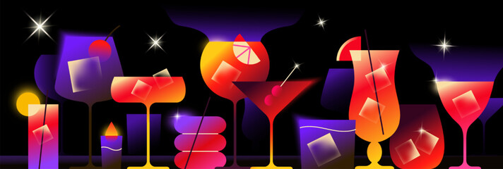 Night party banner. Geometric poster with colorful cocktails, glasses with alcoholic drinks and beverages. Design element for cafe or bar menu. Abstract gradient vector illustration