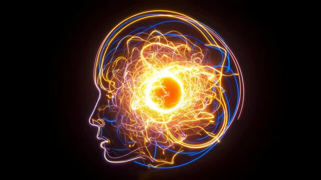 Abstract glowing brain energy inside human head silhouette, conceptual AI and neural activity visualization in vibrant light art