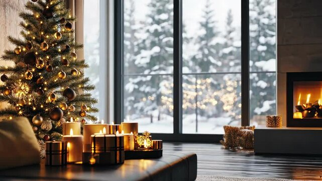 a cozy, bright room with panoramic windows, decorated with Christmas attributes