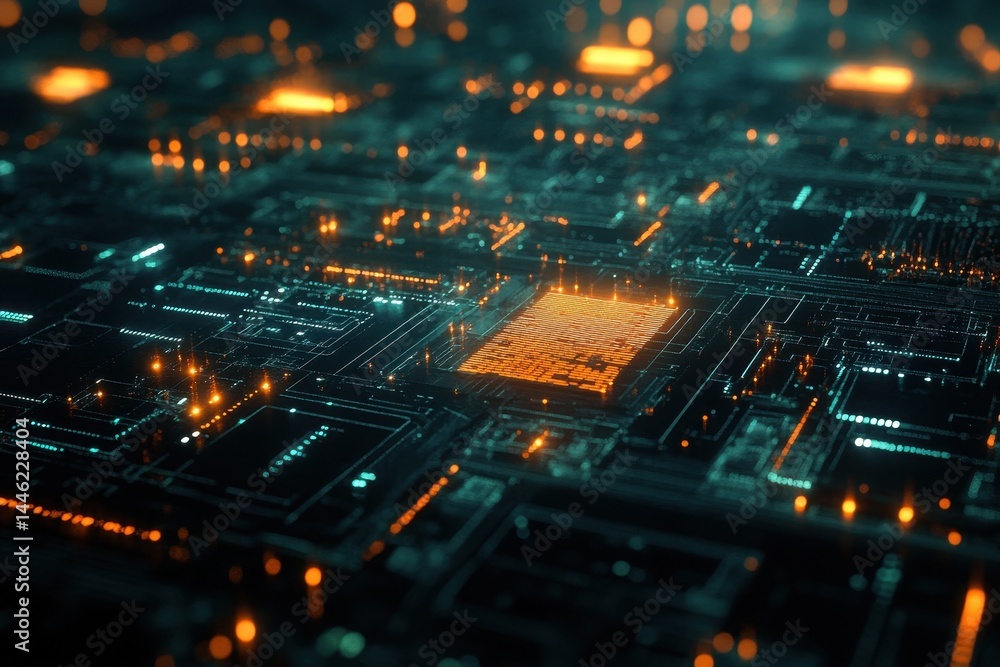 Poster digital data processing visualized with a glowing network of connections in a futuristic environment