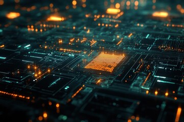 Digital data processing visualized with a glowing network of connections in a futuristic environment, digital data processing and glowing network of connections on dark background