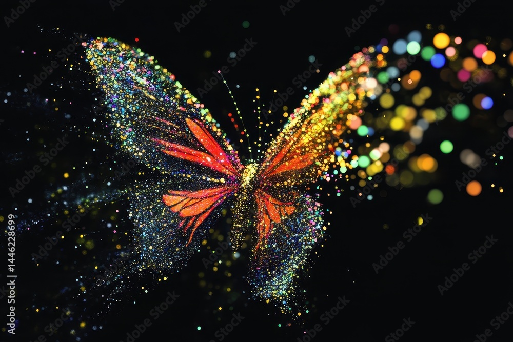 Poster Colorful particles create a stunning butterfly explosion against a black background, Colorful particles butterfly explosion on black background