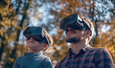 Father and son experiencing augmented reality outdoors with VR headsets  Virtual play for International Day of Play
