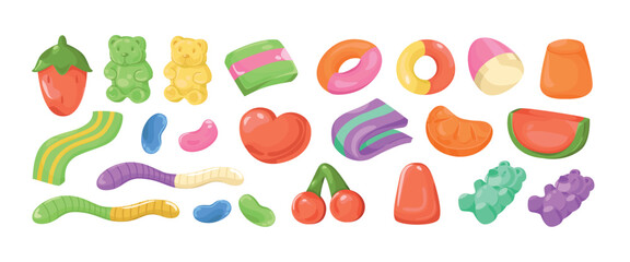 Jelly candy set. Bright stickers with fruity gummy bears, worms and chewy sweets with various flavors. Delicious sweet desserts. Cartoon vector illustration collection isolated on background