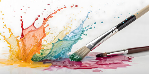 Obraz premium A colorful array of watercolor paints and brushes, essential tools for any artistic painter's creative craft