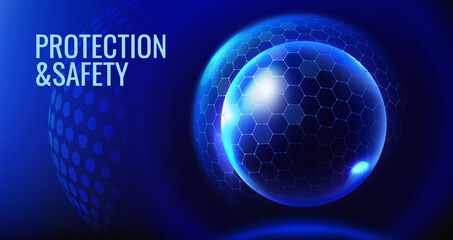 Protection sphere shield. Abstract banner with transparent glass ball with hexagon pattern and neon blue glow. Protection and safety. Technology background. Realistic 3D vector illustration