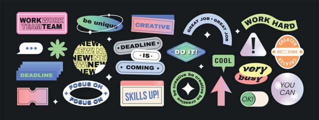 Set of y2k motivational patches. Trendy retro stickers with daily work affirmation and inspirational quotes. Cool Vibrant Labels for Print. Flat vector illustration collection isolated on background