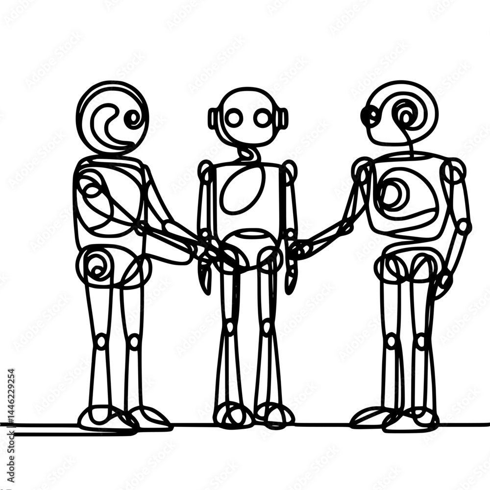 Poster line drawing of connected robots having a conversation on minimal background, vector outline of one 