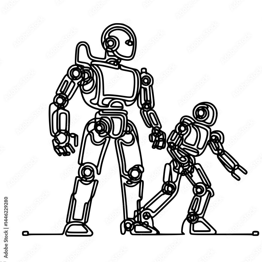 Poster vector of the contour of two powerful robots helping each other, one line