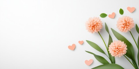 Naklejka premium Peach Flowers Hearts and Leaves on White Background