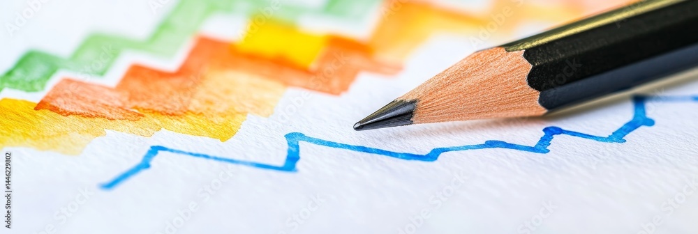 Poster progress chart with pencil - close-up of a pencil drawing a blue line on a colorful progress chart. 