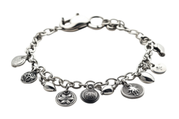 Elegant silver charm bracelet adorned with intricate detailing and various pendants Shimmering chain