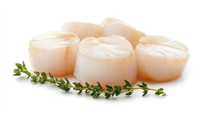 Fresh raw scallops and thyme isolated on white