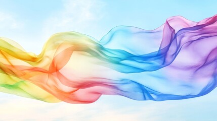 Rainbow Fabric Flowing in Sky - Colorful fabric flows gracefully against a light blue sky, creating a vibrant and dynamic . Perfect for design, fashion, or abstract backgrounds