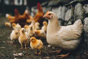 Fototapeta premium Hen stands alongside chicks, with mother hen and more chicks in background, farm life and poultry concept