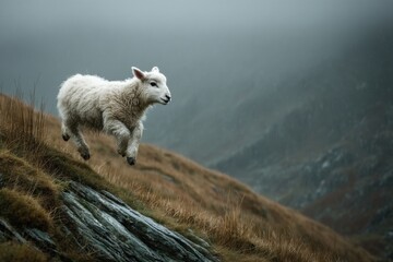 Fototapeta premium Lamb leaping down rocky hillside on overcast day with rain, sheep running through a pasture during inclement weather