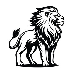 Powerful Lion Standing Profile, Black and White Roaring Feline Wild Animal