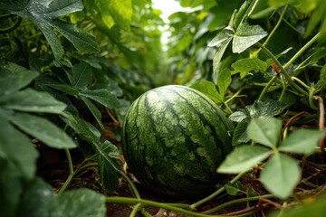 Close-up of a textured watermelon resting among its leaves and vines in a garden, depicting fresh produce and agriculture