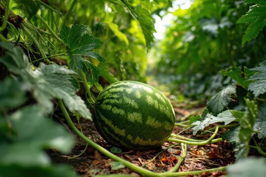 Fresh ripe watermelon growing amongst vines in garden patch under summer sunlight filtering through green foliage