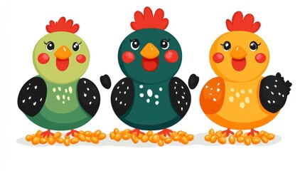 Obraz premium Colorful Cartoon Chickens with Eggs Adorable Farm Animals for Kids and Design Projects