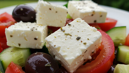 Crumbly Feta Cheese on Greek Salad Close-Up
