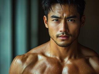 Close-up portrait of a muscular man with glistening skin, showcasing strength