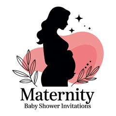 Maternity baby shower invitation vector with silhouette of pregnant woman, floral decorations and soft pink background, elegant motherhood design