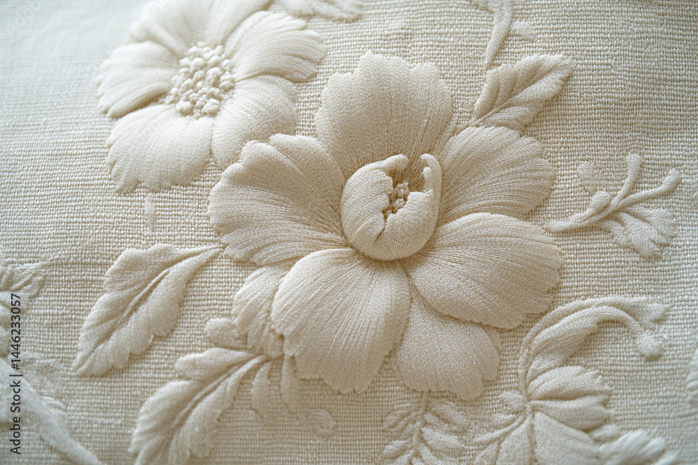Poster cream-colored fabric with embroidered flowers, creating a textured, elegant design, showcasing delic