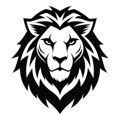 Fierce Lion Head Silhouette, Black and White Roaring Mane, Detailed Wild Cat Icon