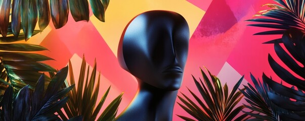 A sleek faceless mannequin surrounded by vibrant tropical foliage and colors