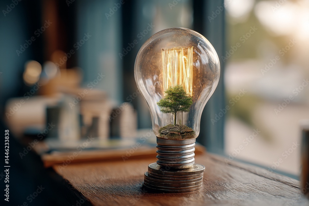 Poster the concept of energy saving is represented by stacks of coins growing inside a light bulb, with a t