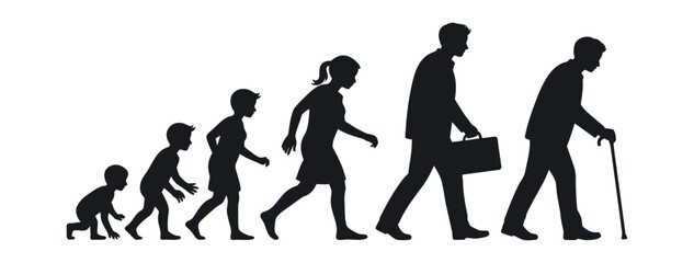 Silhouette sequence of human growth stages from crawling child to elderly man with cane, life evolution concept vector illustration