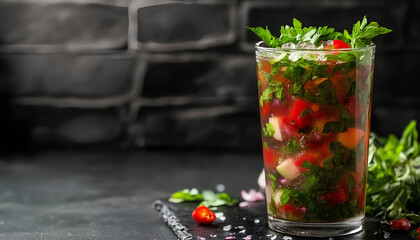 Delicious cold okroshka with kvass served on black table, closeup