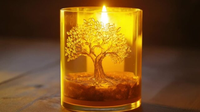 A cylindrical candle holder, featuring a detailed etched tree of life design.  Warm amber light