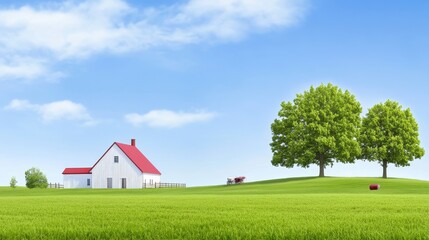 Serene Rural Homestead Under Blue Skies - Picturesque countryside scene, evoking peace, tranquility, rural life, and idyllic landscapes. Symbolising: serenity, nature, home, escape, freedom