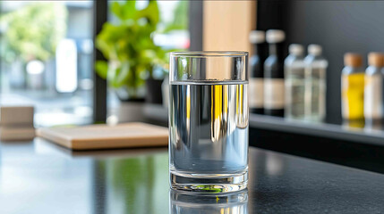 A perfectly sized water glass on a smooth black granite counter in a contemporary dining space