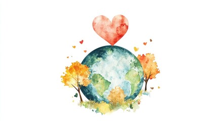 Earth with a big heart and autumnal trees.  A watercolor style illustration of the planet Earth with a large red heart above it, and colorful autumn trees around it, set on a field of fall colors