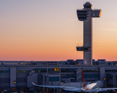 JFK Airport Control Tower and Virgin Atlantic Aircraft at Sunset, New York City
