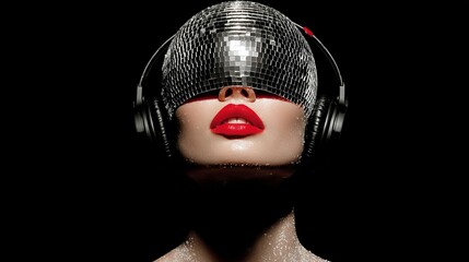 Glamorous Woman Disco Ball Headphones Red Lips Nightclub Party Music