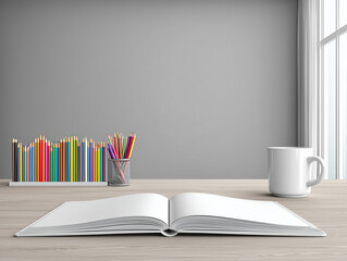 Creative Workspace with Open Book and Colored Pencils