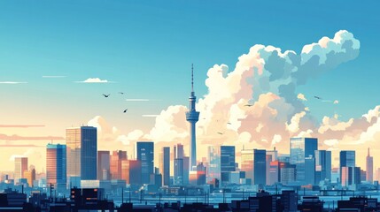 Fototapeta premium Cityscape at dawn, stylized illustration