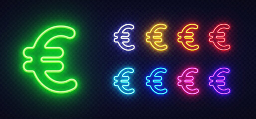 Euro sign in neon design featuring a bold green version and five vibrant color duplicates. Electric glow pops against the dark dotted background.