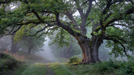 Obraz premium Majestic ancient oak tree mystical foggy forest path serenity nature beauty