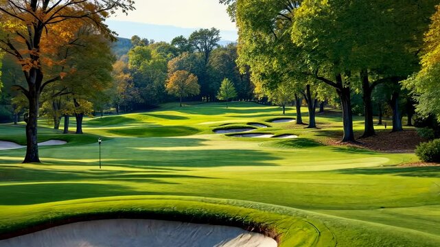 Picturesque golf course with autumnal trees and lush fairways golf course design recreation and peaceful nature scenes