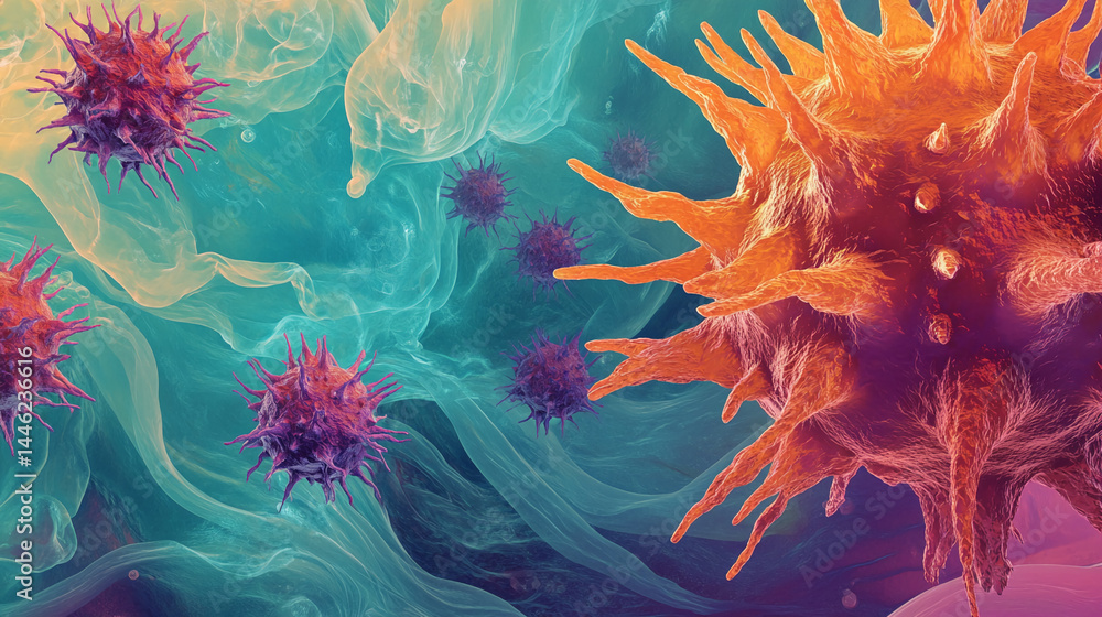 Poster microscopic view of orange and purple cells in a teal fluid, depicting a complex biological process 