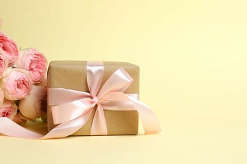 Beautiful pink peony roses with gift box on color background